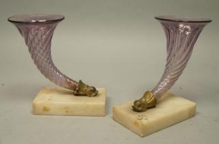 Appraisal: Pr Continental Amethyst Glass Cornucopias Gilt B Pr Continental Amethyst