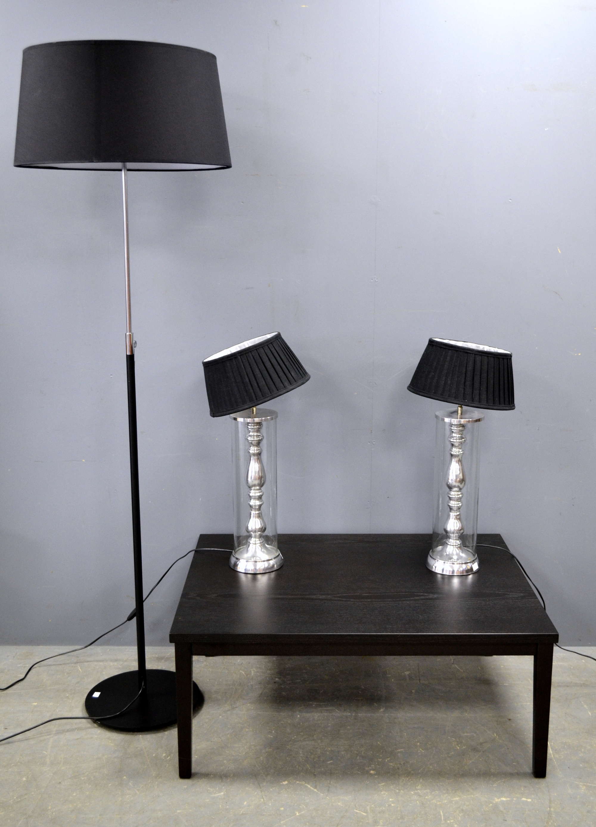 Appraisal: Black ash coffee table standard lamp and two table lamps