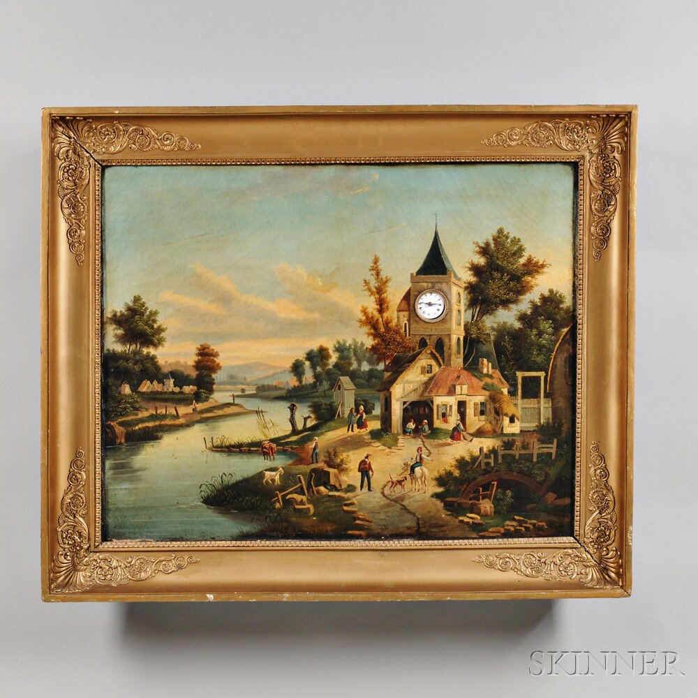 Appraisal: Continental Gilt-framed Picture Clock c oil on canvas depicting a