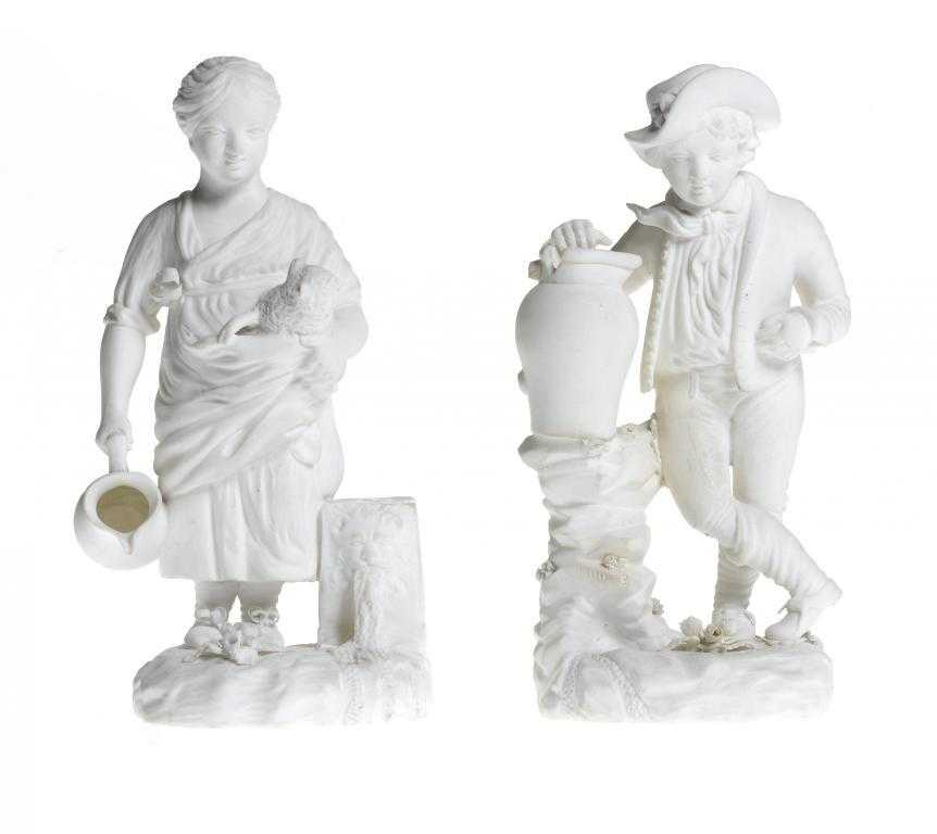 Appraisal: A PAIR OF DERBY BISCUIT FIGURES OF THE ROMANTIC BOY