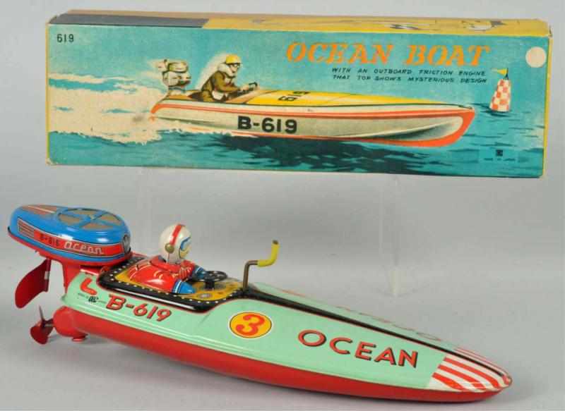 Appraisal: Tin Litho Ocean Boat Friction Toy Japanese Working crank-activated friction