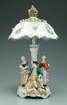 Appraisal: Porcelain lamp and shade harvesting scenes four figures encircling tree