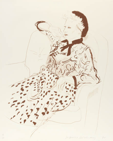 Appraisal: DAVID HOCKNEY Celia Pondering Lithograph printed in reddish-brown on white