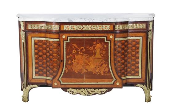 Appraisal: Louis XVI style marquetry-inlaid bronze and marbletop cabinet late th