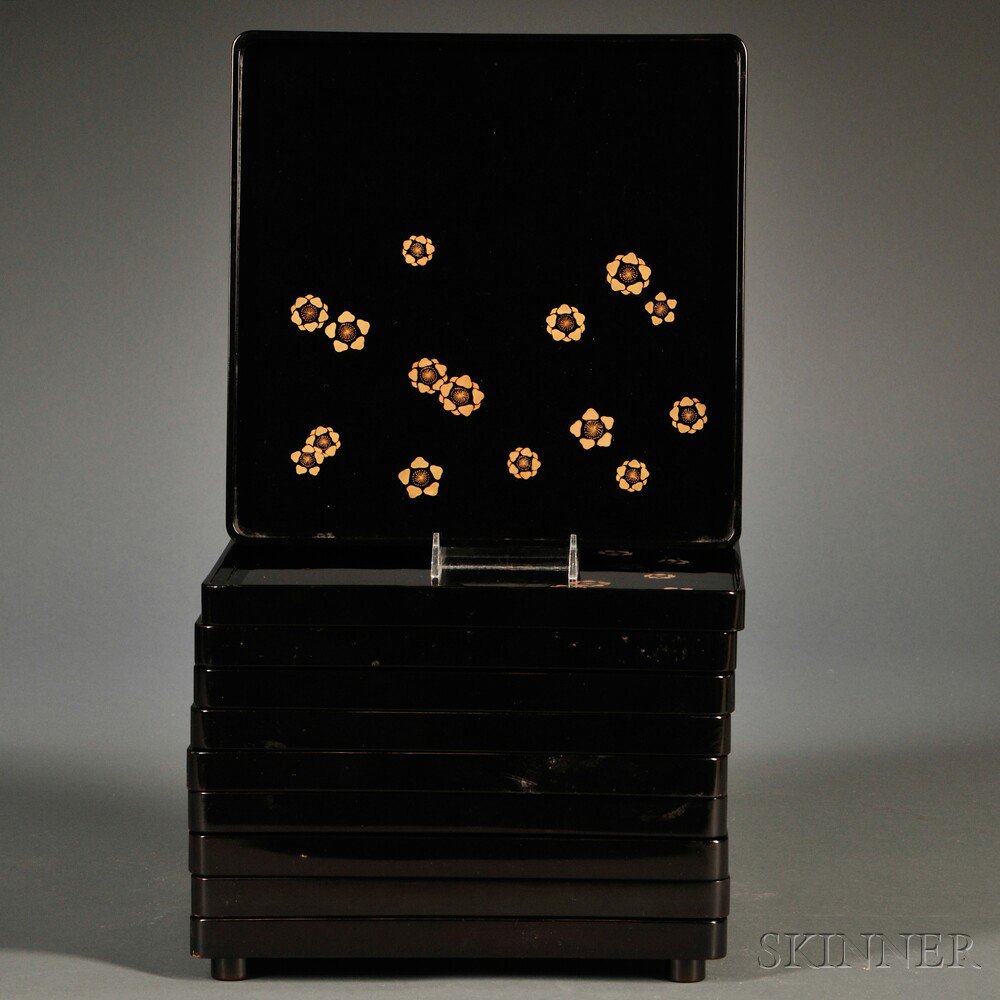 Appraisal: Ten Black Lacquer Trays Japan contained in a wood box