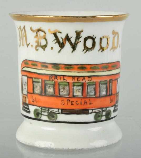 Appraisal: Railroad Car Shaving Mug Description Gilt name M B Wood