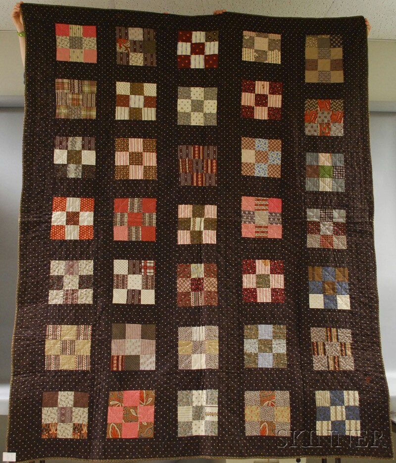 Appraisal: Hand-stitched Pieced Cotton Quilt c a few dark stains x