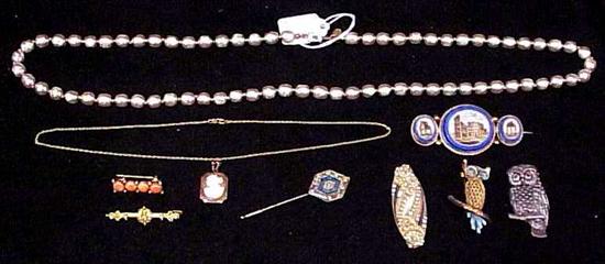 Appraisal: JEWELRY Strand of Miriam Haskell pearls rhinestone and enamel owl