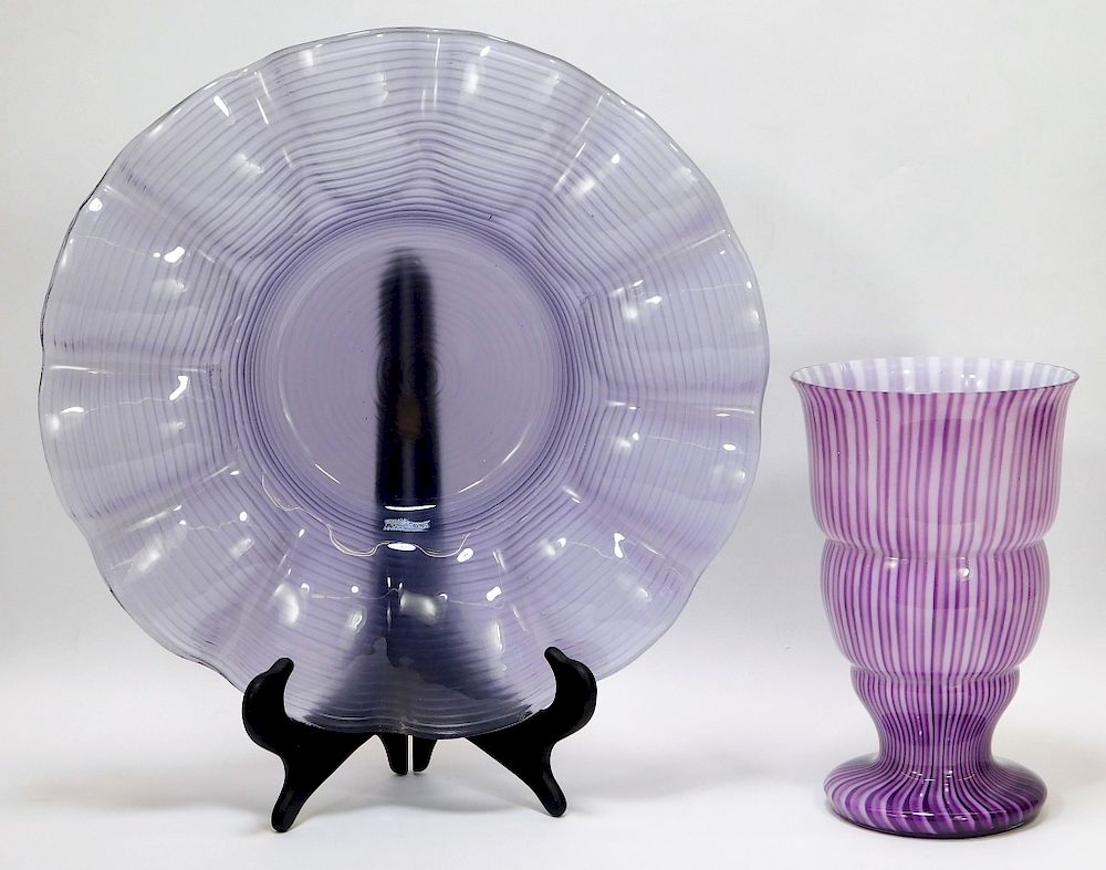 Appraisal: Purple Bohemian Art Glass Vase and Plate Group Bohemia th