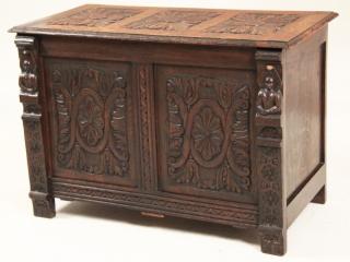 Appraisal: JACOBEAN STYLE OAK LIFT TOP COFER WITH FIGURAL BUST AND