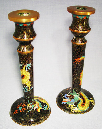 Appraisal: PAIR OF CHINESE CLOISONNE DRAGON DESIGN CANDLE STICKS Black ground