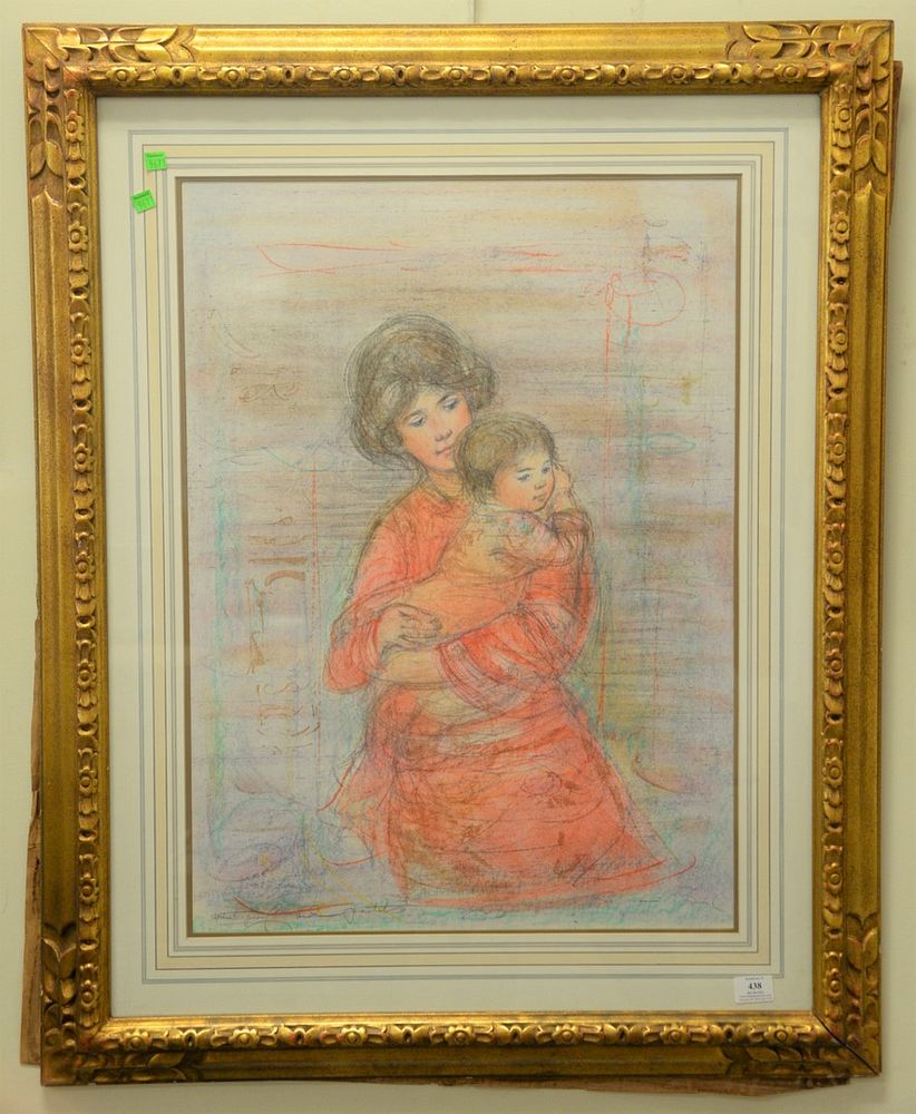 Appraisal: Edna Hibel American - Young Mother in Red airbrush and