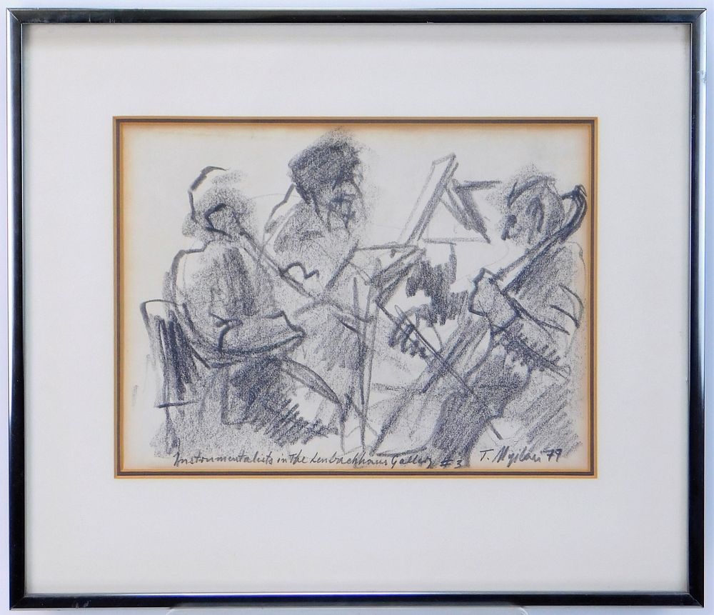 Appraisal: German Expressionist String Trio Charcoal Drawing Germany Modernist work depicting