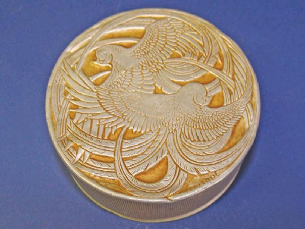 Appraisal: REN LALIQUE A WHITE METAL POWDER BOX the top decorated