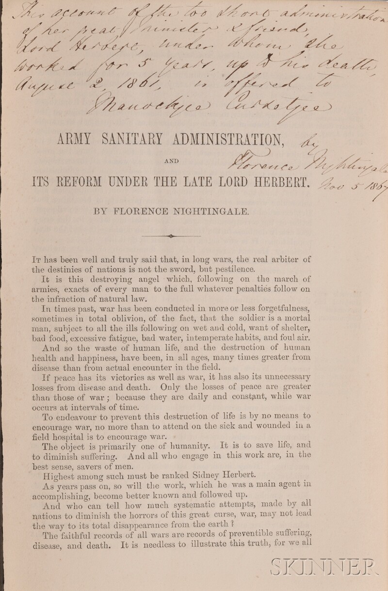 Appraisal: Nightingale Florence - Presentation copy Army Sanitary Administration and its