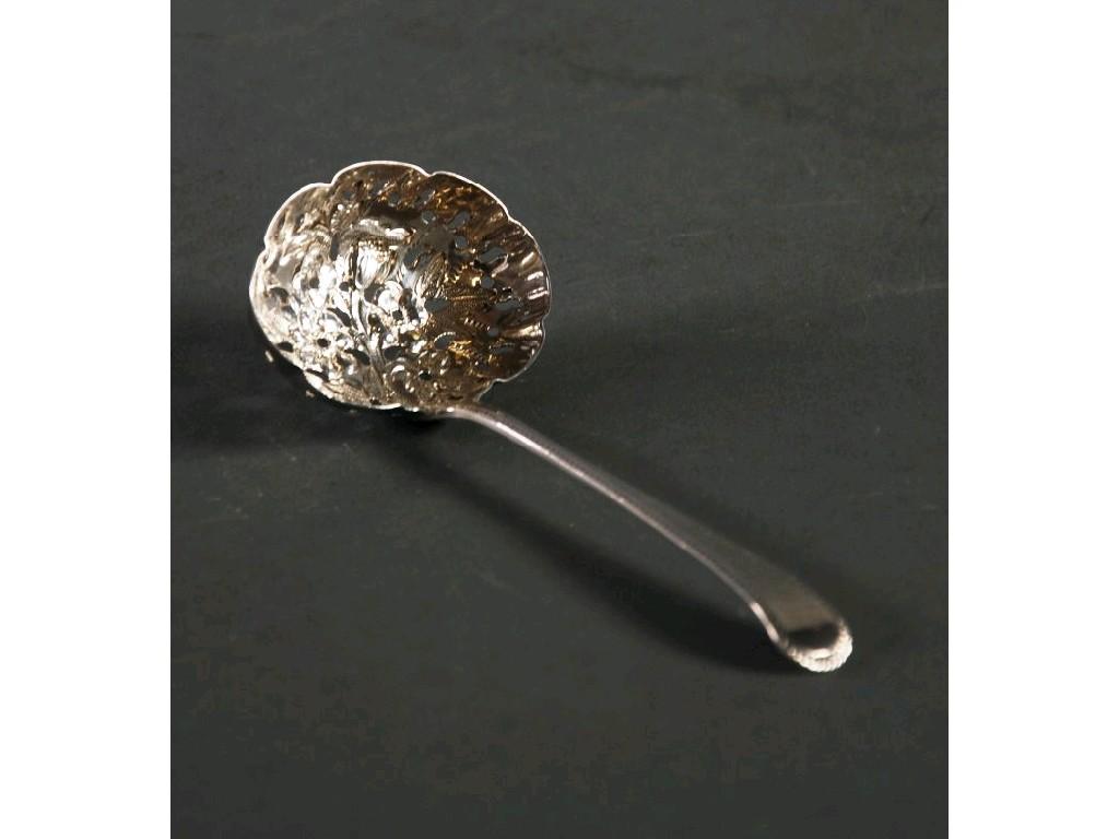 Appraisal: GEORGE III SILVER SIFTER SPOON feather edge with floral embossed