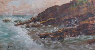 Appraisal: Marcel Amiguet Rocky Coast at Sunset Watercolor Marcel Amiguet Rocky