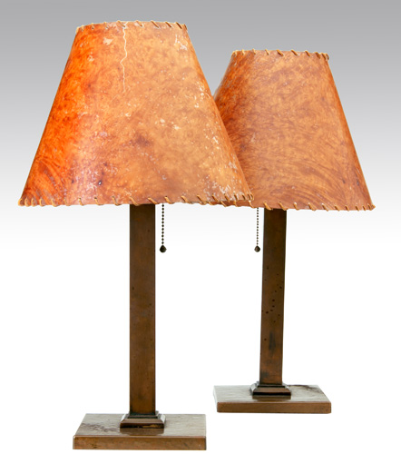 Appraisal: ROYCROFT Pair of hammered copper table lamps with square bases