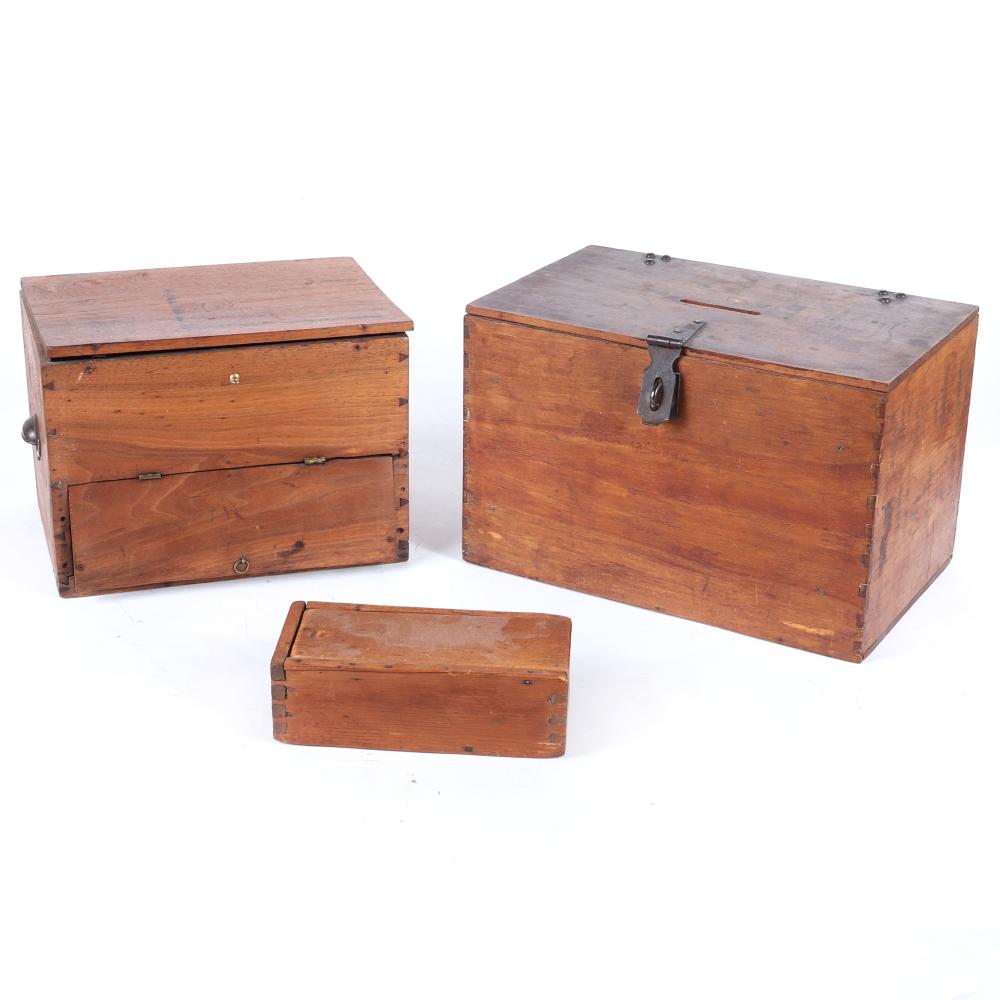 Appraisal: THREE VINTAGE WOOD BOXES BALLOT BOX WITH IRON LATCH AND