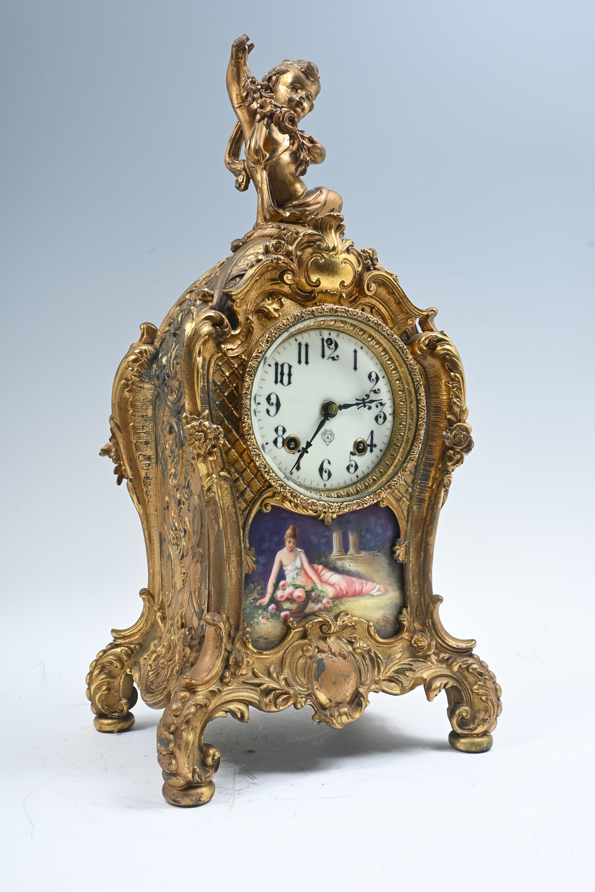 Appraisal: ANSONIA GILT METAL CLOCK Gilt figural mantle clock with a