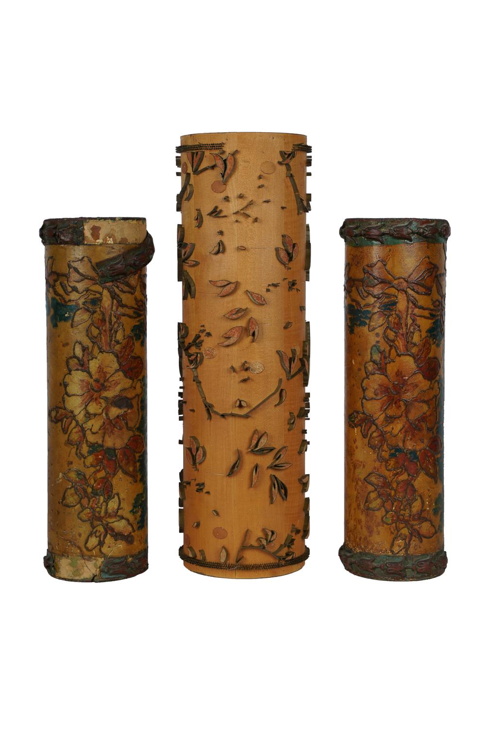 Appraisal: THREE ASSORTED ASIAN WALL PAPER ROLLSwood with applied decoration Condition