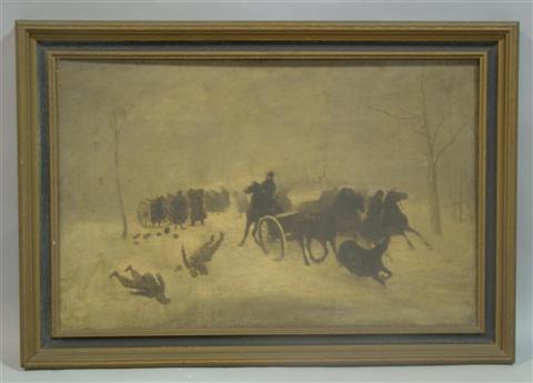 Appraisal: SOLDIERS IN THE SNOW Oil on canvas x in Framed