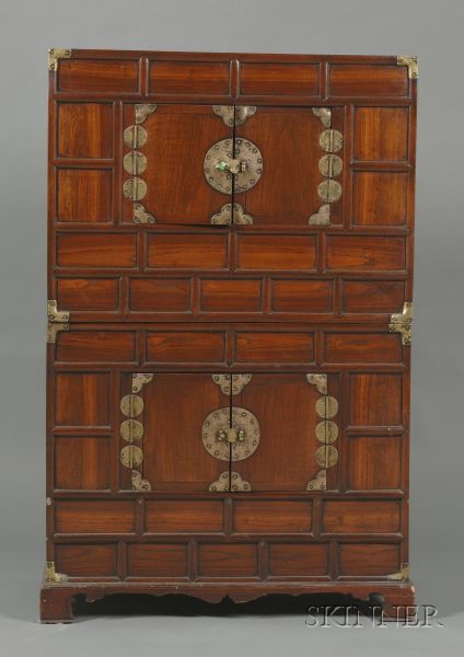 Appraisal: Asian Brass-mounted Hardwood Dovetail-constructed Two-Part Tansu Chest China th century