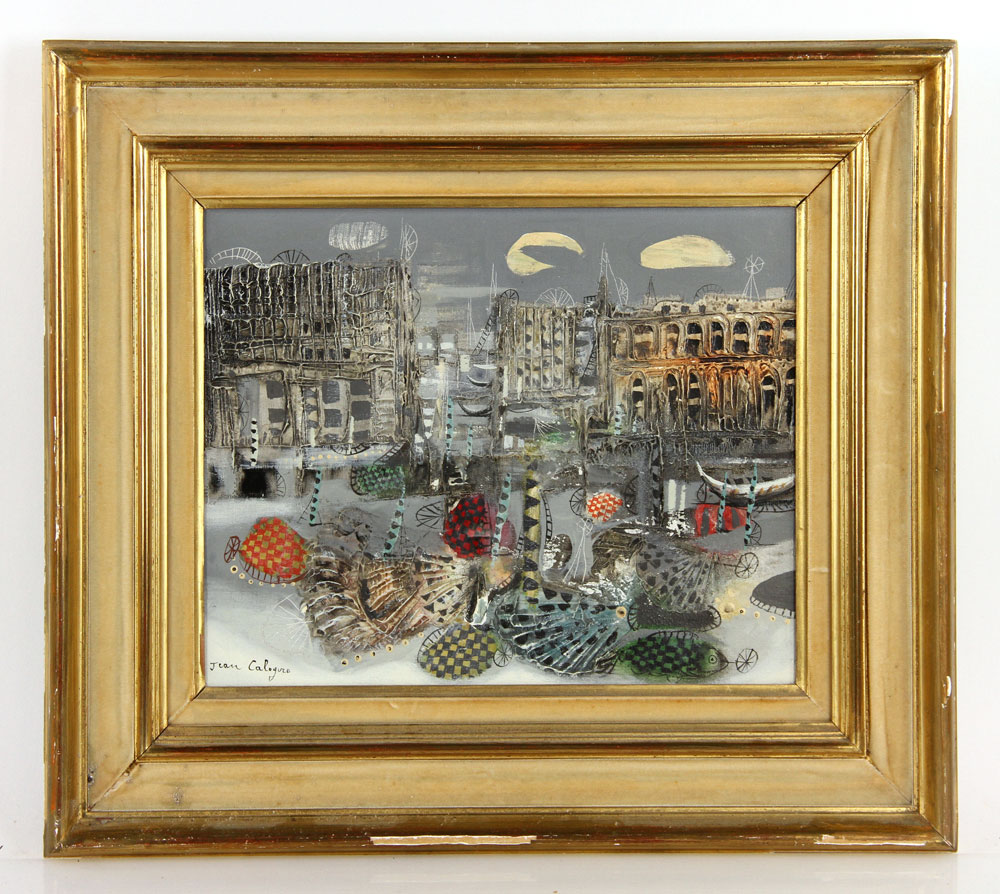 Appraisal: - Calogero Abstract Stylized Futuristic Town Scene Painting Calogero abstract