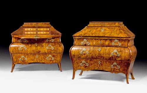 Appraisal: PAIR OF BUREAUS Baroque Lombardei circa Walnut and burlwood veneer