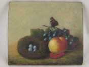 Appraisal: An oil on canvas titled 'Peach grapes berries butterfly and