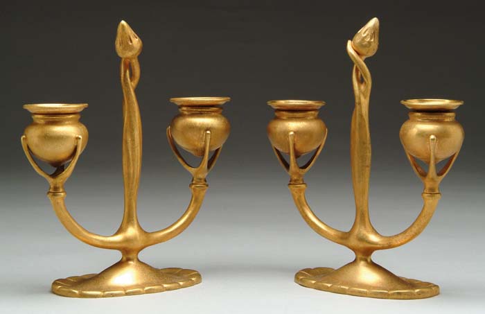 Appraisal: PAIR OF TIFFANY STUDIOS BRONZE CANDLESTICKS Nice pair of double