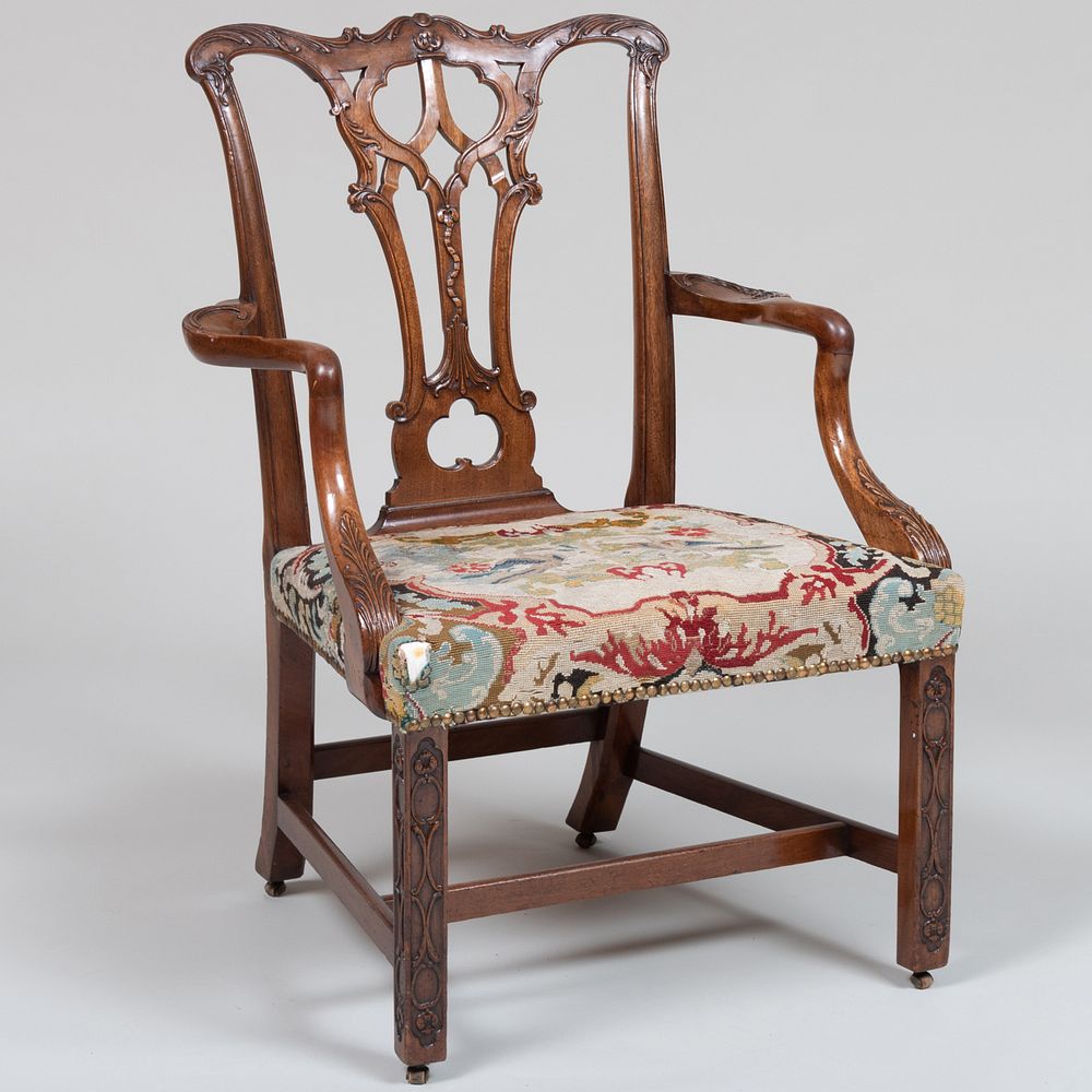 Appraisal: Fine George III Carved Mahogany Armchair Fitted with a needlework