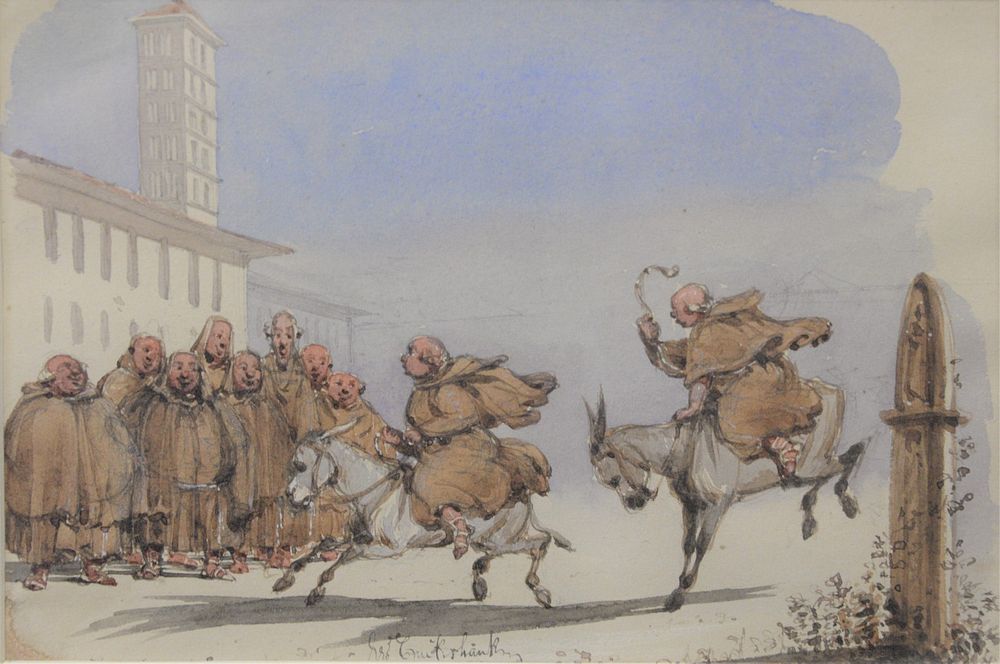 Appraisal: George Cruikshank British - Monk on Donkeys watercolor on paper