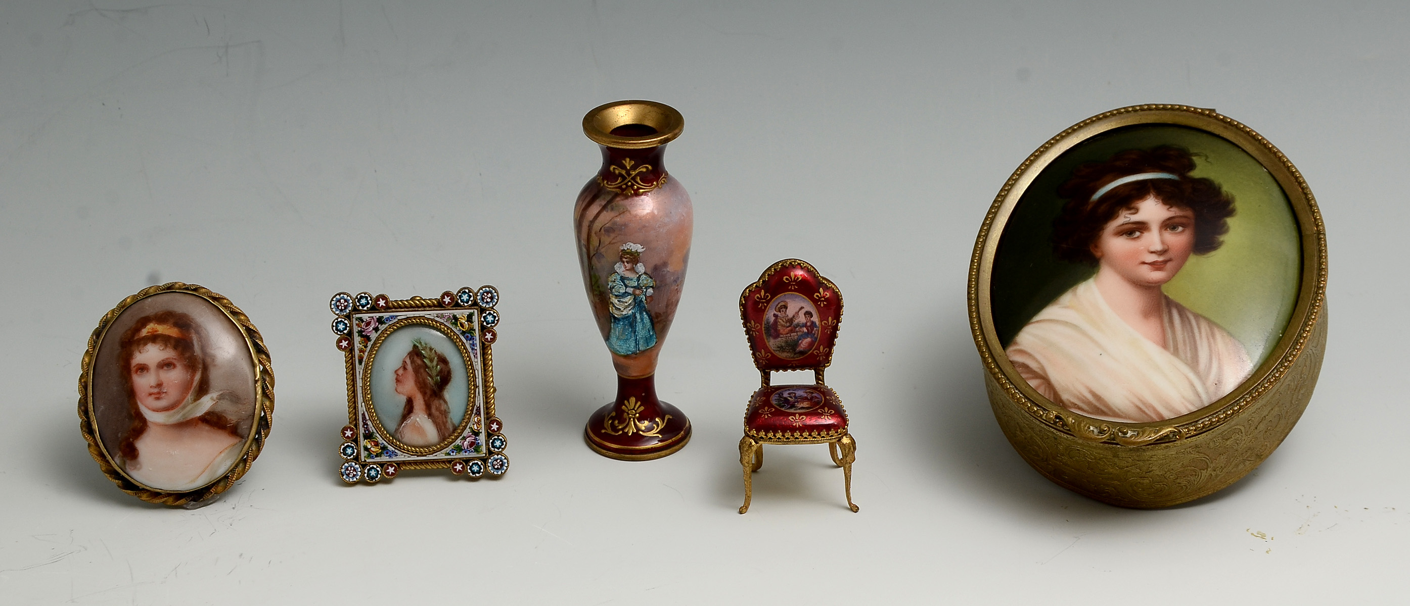 Appraisal: PIECE ENAMELED MINIATURE COLLECTION Comprising - Enameled chair having painted