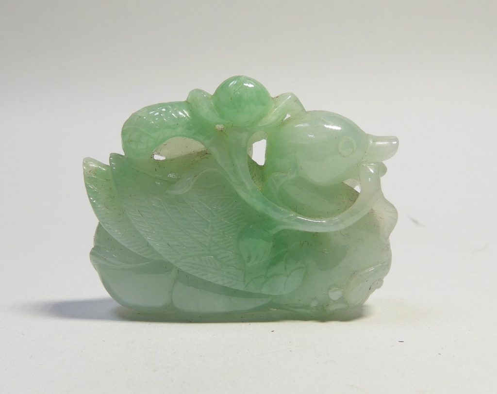 Appraisal: FINE CHINESE CELADON GREEN JADEITE DUCK CARVING China Qing dyanastyVery