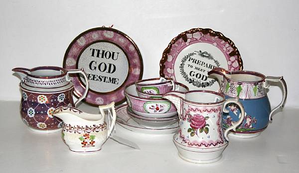 Appraisal: An assembled group of pink luster plaques pitchers and tea