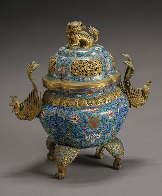 Appraisal: Chinese Cloisonn Enamel and Gilt Bronze Covered Censer With applied