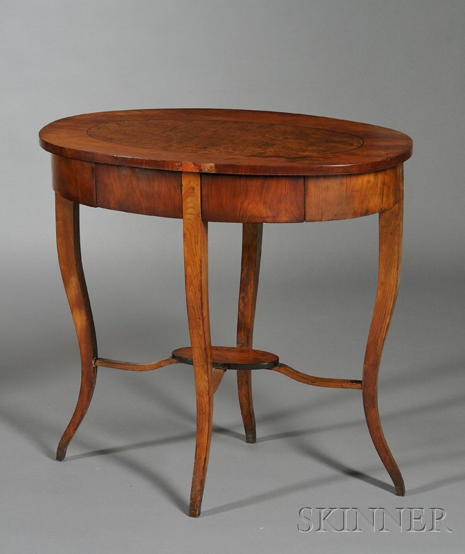 Appraisal: Biedermeier Amboyna-inlaid Fruitwood Occasional Table c oval shape with two