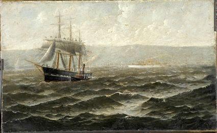 Appraisal: American School th C Seascape with Three-Masted Vessel and Steamboats