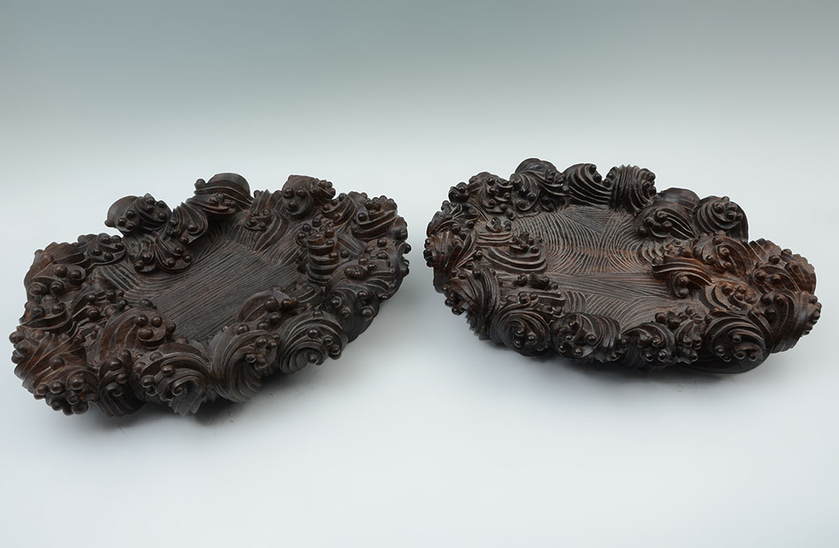 Appraisal: PAIR CHINESE CARVED ZITAN WOOD STANDS Pair of very heavy