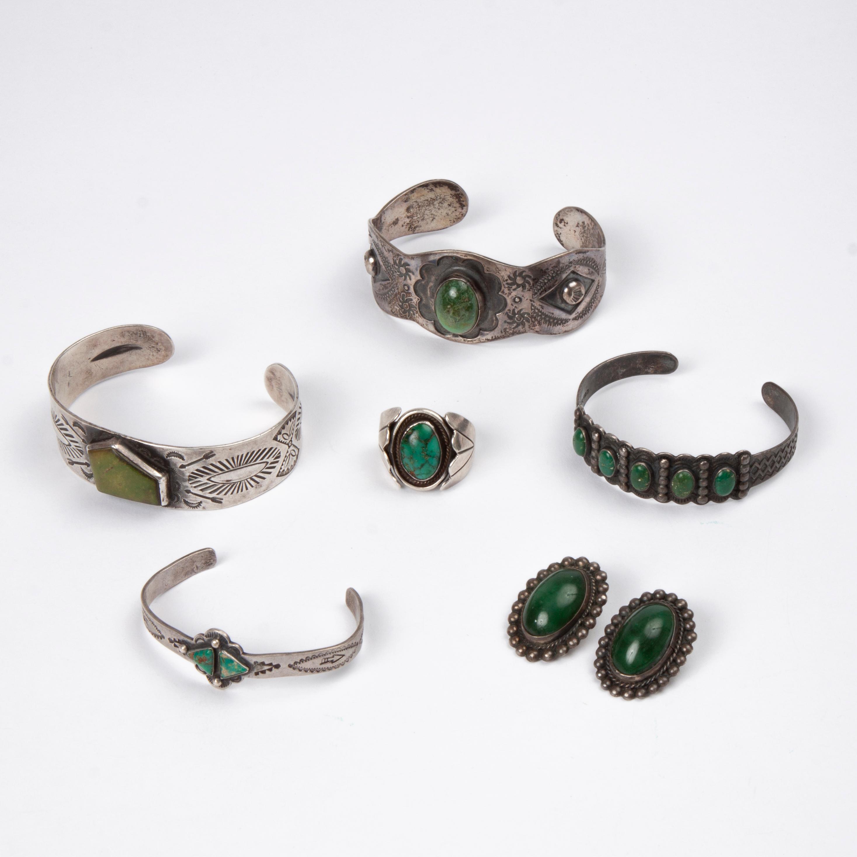 Appraisal: GROUP OF GREEN TURQUOISE NATIVE AMERICAN JEWELRY ITEMS A group