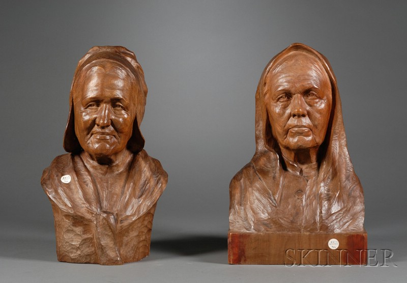 Appraisal: Baudoin Tuerlinckx Belgian - Two Carved Walnut Busts each depicting