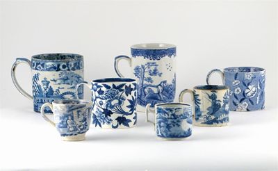 Appraisal: Seven blue and white mugs and cups four printed with