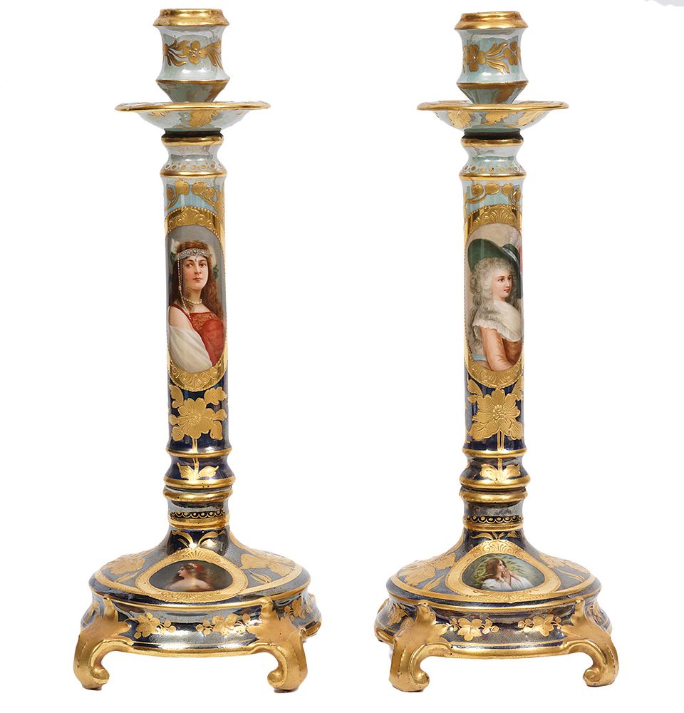 Appraisal: Pr Dresden Enameled Painted Candlesticks Pair of Dresden Germany enameled