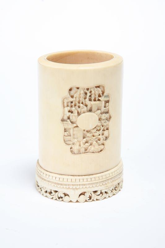 Appraisal: SMALL BRUSH POT Chinese th century ivory Two carved panels