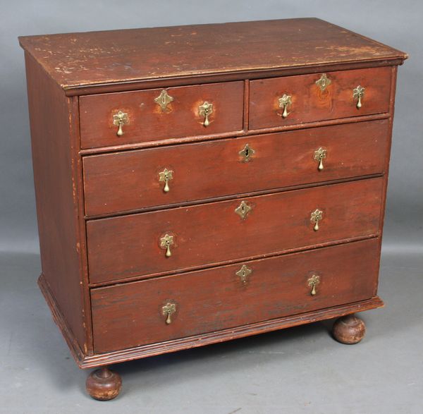 Appraisal: Circa William-and-Mary chest of drawers in pine with old red