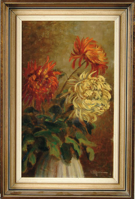 Appraisal: F P GESTERN European th Century CHRYSANTHEMUMS IN VASE Three