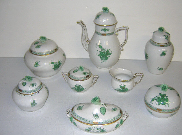 Appraisal: EIGHT PIECES HEREND TEA SERVICE AND MORE Green Chinese Bouquet