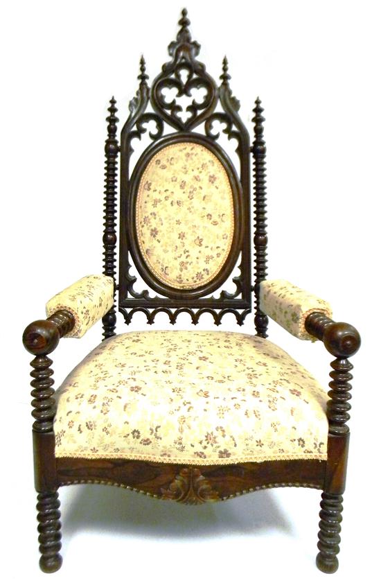 Appraisal: Gothic Revival armchair American late th C steepled crest with