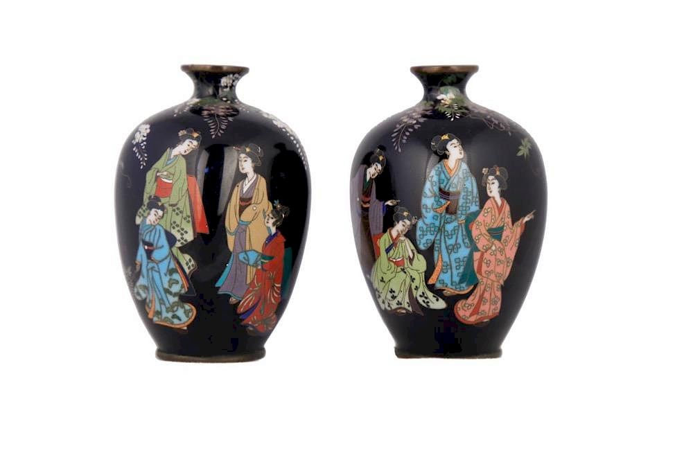 Appraisal: A Pair of Japanese Cloisonne Cabinet Vases Baluster form depicting